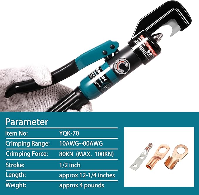 AMZCNC Point Press Hydraulic Crimping Tool Hydraulic Crimper for 8 AWG - 3/0 AWG Copper and Aluminum Cables,Dies-Less Crimping Tool