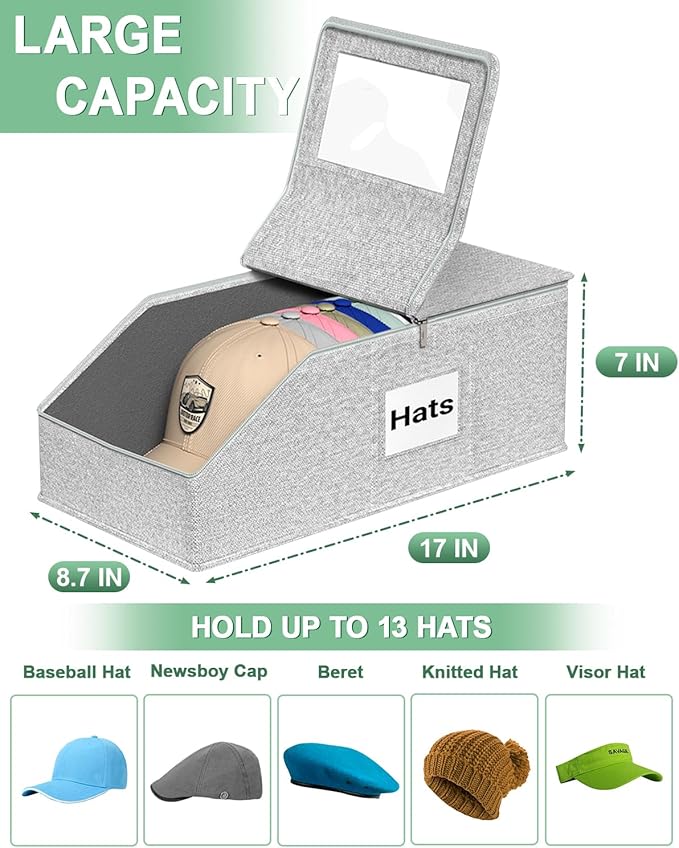 Stackable Hat Organzier for Baseball Caps, 2 PCS Hat Storage Holder Holds up to 24 Caps for Closet, Dust-Proof Hat Boxes Container with Clear Window for Home
