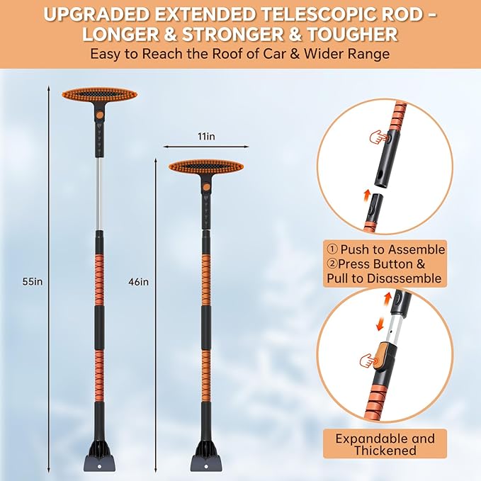 4-In-1 Snow Brush and Ice Scrapers for Car Windshield 55'' Extendable Snow Shovel Snow Broom Kit with Squeegee, Foam Grip 180°Pivoting Thicken Brush Head Portable Snow Scraper for Car, Trucks, SUV