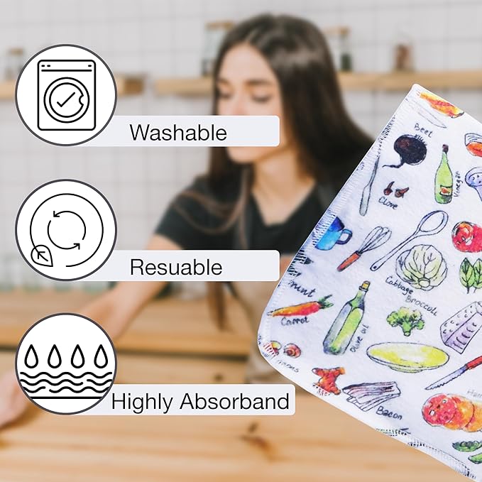 Pack of 10 Reusable Paper Towels | 10x10 Inch Cotton Towels | Kitchen Utensils Print | Eco Friendly, Washable, Quick Drying | Sustainable Cleaning Cloths | Kitcheny