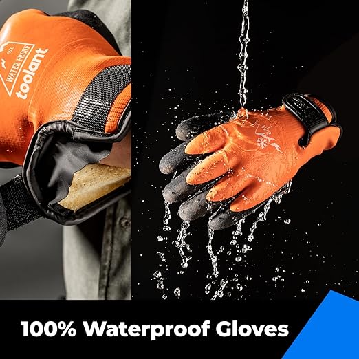 toolant 100% Waterproof Gloves Bulk for Cold Weather, 3 Pairs, Winter Work Gloves for Men Touchsreen, Warm Freezer Gloves, Thermal Insulated, With Grip, Orange, Lagre