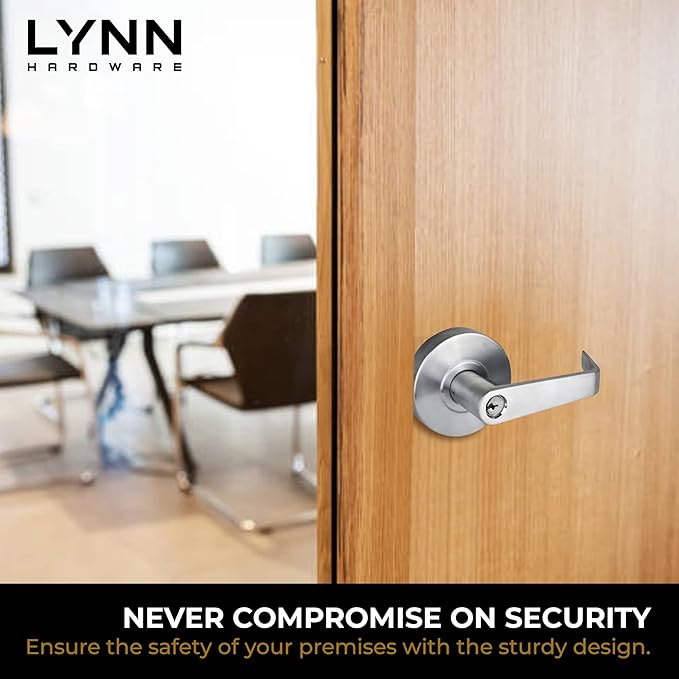 LYNN HARDWARE Commercial Door Lever Lock - Heavy-Duty Locking Door Handle, Designer Door Handles, Cylindrical Lever Lock, Non-Handed Grade 2 Door Handle, Satin Chrome, Entrance/Keylock