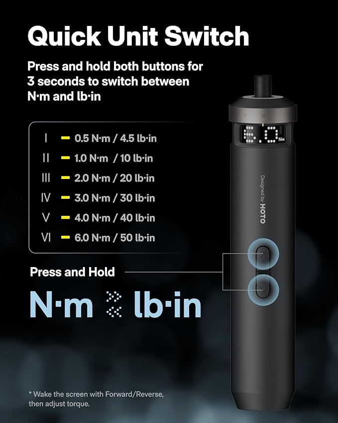 HOTO PixelDrive Electric Screwdriver, Smart Display, 6 Torque Settings, 0.5 to 6 N·m, 1/4'' Hex 30 Bits, LED Light, 2000 mAh Rechargeable Cordless Screwdriver Set for Electronics, Home Repair