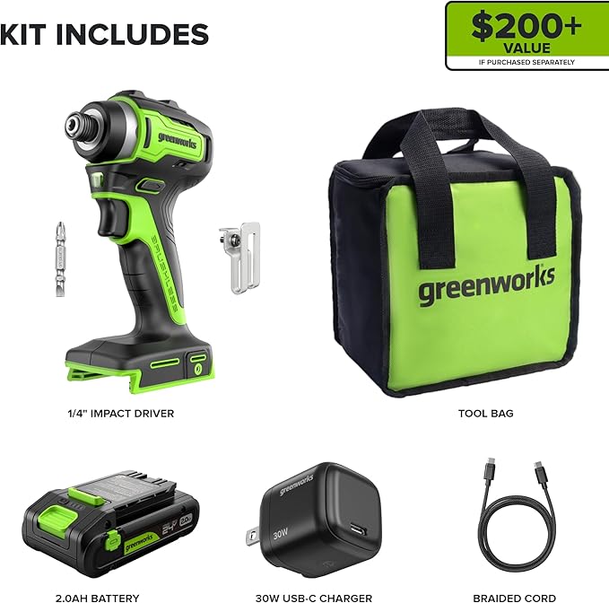Greenworks 24V Brushless Cordless Impact Driver (1950 in-lbs.), 1/4" Hex Collet, 2.0Ah USB-C Battery, 30W USB-C Charger & 3.3FT Braided Cable, Compatible with iPhone/iPad/Samsung & More