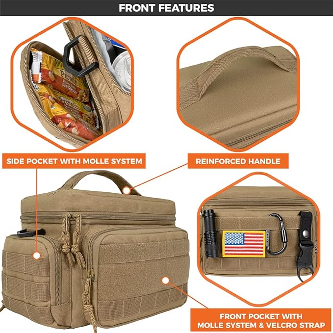 opux Tactical Lunch Box for Men, Tan Mens Insulated Lunch Bag for Adult, Leakproof Soft Lunch Cooler with MOLLE Mesh Side Pockets, Multicam Heavy Duty Lunchbox Pail for Work Women, Medium 10 Cans