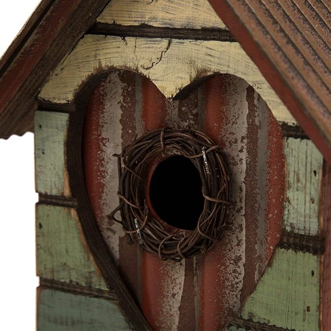 Glitzhome Hanging Bird House for Outdoor, 8.75" H Decorative Pet Cottage Distressed Heart Wooden Birdhouse for Outside,Graden Birdhouse for Bluebird Hummingbird Wren Finch Cardinals Cedar