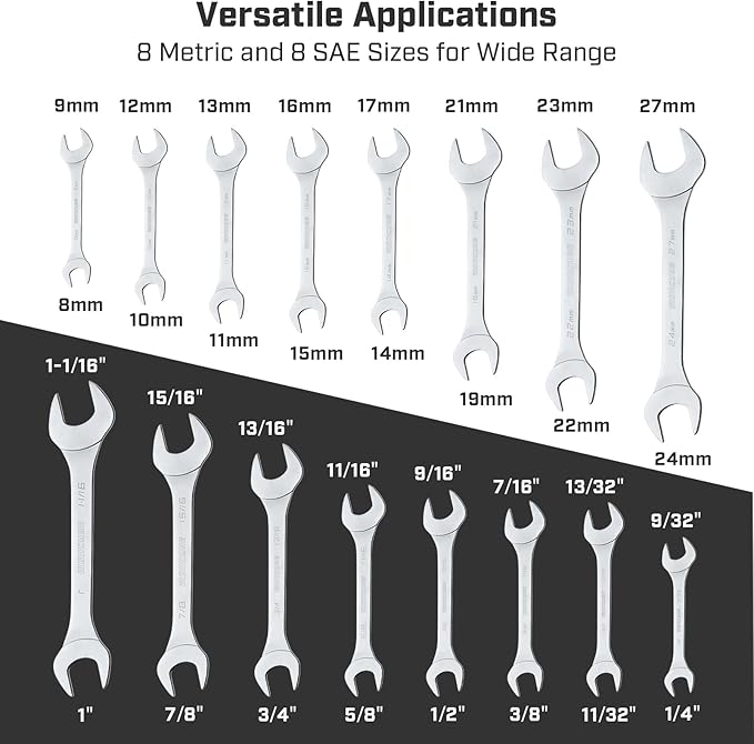 16-Piece Super-Thin Double Open End Wrench Set: 3mm Extra-Slim Profile for Tight Spaces – Complete SAE & Metric Sizes – Full Range Tool Kit for Car Repair, Garage & Home