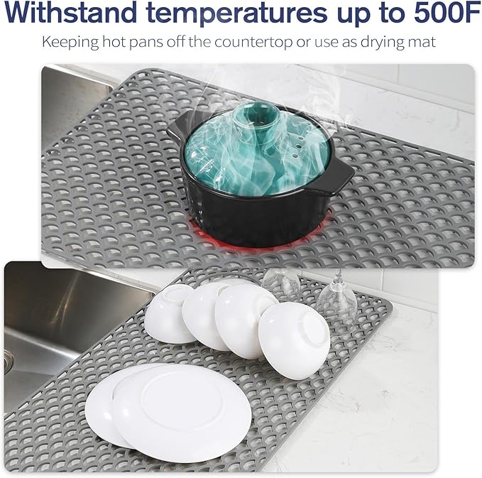 Silicone Sink Protector 28"x15" right Drain Hole, Heat Resistant Non-slip Dishwasher Suitable, Large Sink Mat for Bottom of Farmhouse Kitchen Stainless Steel Sinks(Grey)