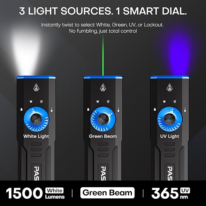 Rechargeable EDC Flashlight 1500 Lumens,Flat Tactical Flashlights with Green Light and U V,Dual-Switches Small Flash Light with Digital Display,Waterproof Light for Home,Outdoor,and Emergency Use