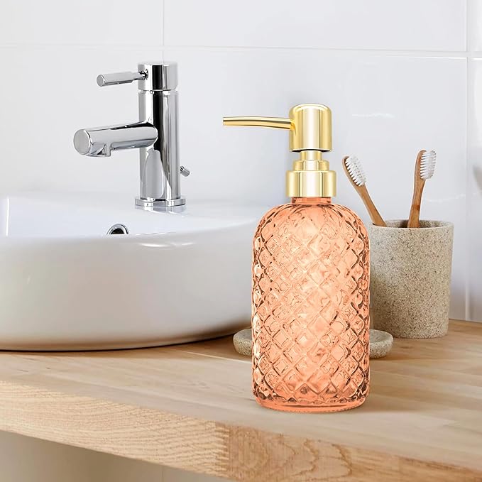 450ml Glass Soap Dispenser with Pump, 16 oz Diamond Cut Design Refillable Liquid Hand Soap Bottle Dispenser for Bathroom, Countertop, Kitchen, Laundry Room, Home Decor Accessories