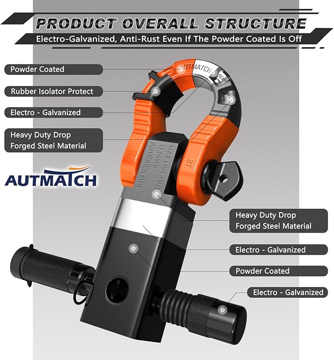 AUTMATCH Shackle Hitch Receiver 2" with 3/4" Mega D Ring Shackle and 5/8" Trailer Hitch Lock Pin, 68,000 Lbs Break Strength Heavy Duty Receiver Towing Kit for Off-Road Vehicle Recovery, Orange & Black