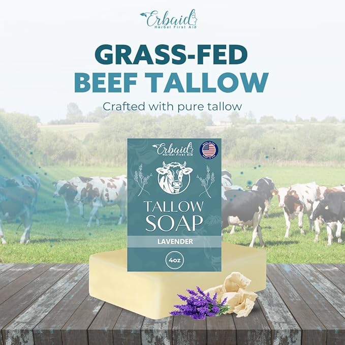 Beef Tallow Soap Bar – All Natural Grass Fed Tallow Soap Lavender – Moisturizing Face & Body Wash Great for Eczema, Dry, Itchy, Sensitive Skin – Handcrafted Bath Soap for Adults, Kids, Made in USA