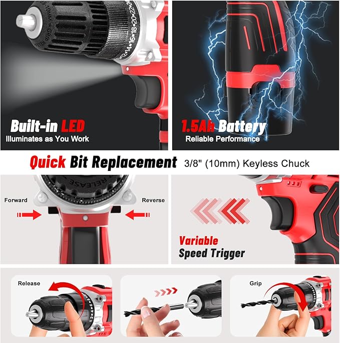 12V Cordless Drill Kit, Red, 2 Batteries & Fast Charger Included, Lightweight, 2-Speed Control, 3/8" Keyless Chuck, 24+1 Torque, LED Light for DIY Wood/Metal
