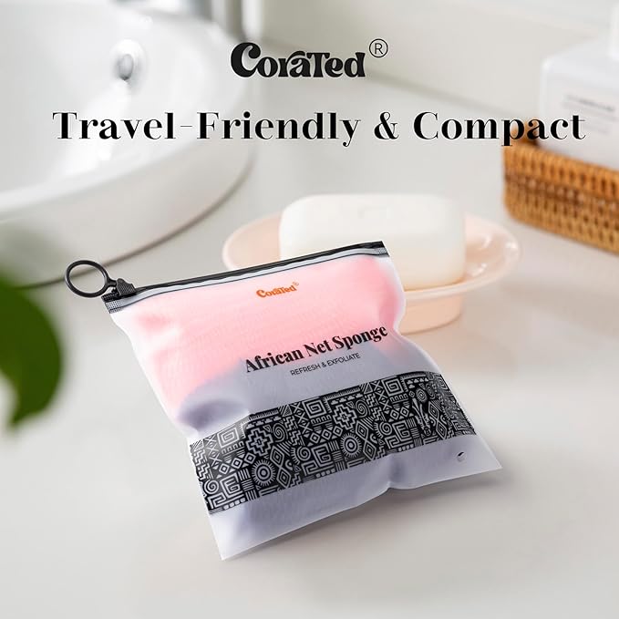CORATED African Net Sponge Authentic, Shower Loofah Exfoliating Bath Sponge, Body Scrubber for Women and Men Daily Use Body Care, Travel Portable, Durable Bath Accessories for Bathroom (Blue & Purple)