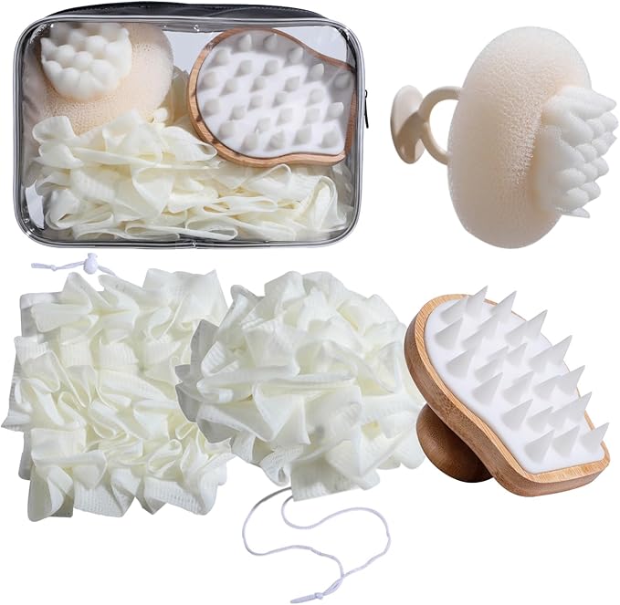 NVTED 6 PCS Bath Tools Set, Loofah Washcloth Combo 2-in-1, Suction Cup Bath Ball，Silicone Body Bath Brush with Waterproof Cosmetic Bag, for Body Wash and Smooth Skin