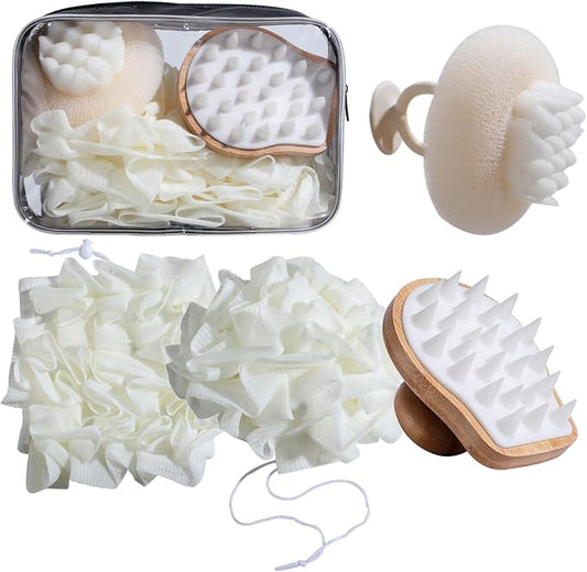 NVTED 6 PCS Bath Tools Set, Loofah Washcloth Combo 2-in-1, Suction Cup Bath Ball，Silicone Body Bath Brush with Waterproof Cosmetic Bag, for Body Wash and Smooth Skin