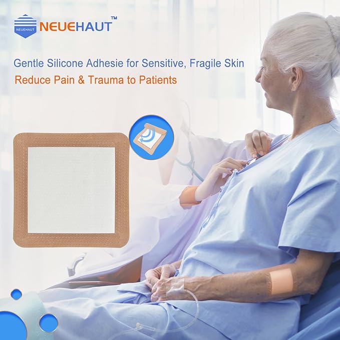 Silicone Foam Dressing with Gentle Adhesive Border 6''x6'', Bed Sore Pressure Ulcer Leg Ulcer Silicone Wound Bandage, High Absorbency Waterproof, 5 Pack by NeueHaut
