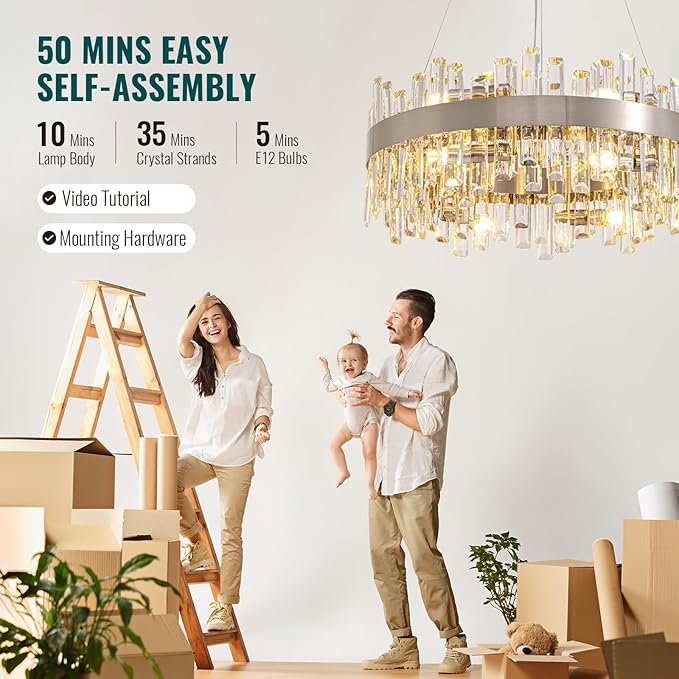 Siljoy Modern Crystal Chandelier for Dining Room, 12 Lights Luxury 2-Tiers K9 Crystal Chandelier Raindrop Pendant Ceiling Light for Living Room Kitchen Island Entry Foyer D23.6'', Brushed Nickel