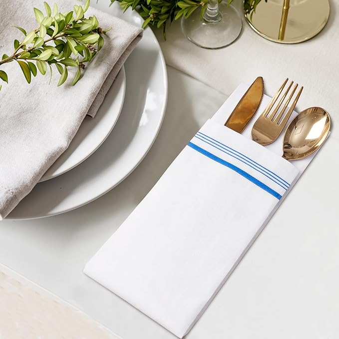 100 Disposable Paper Hand Towels for Bathroom, Linen Feel Guest Towels, Soft and Absorbent Paper Towels Napkins Bulk for Home Dinner Kitchen Wedding, 12" x 17"(Blue Trim Lined)