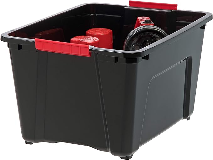 IRIS USA 32 Qt Stackable Plastic Storage Bins with Lids, 6 Pack - BPA-Free, Made in USA - Garage Organizing Solution, Latches, Durable Nestable Containers, Secure Pull Handle - Black