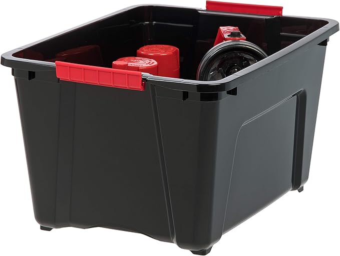 IRIS USA 32 Qt Stackable Plastic Storage Bins with Lids, 4 Pack - BPA-Free, Made in USA - Garage Organizing Solution, Latches, Durable Nestable Containers, Secure Pull Handle - Black