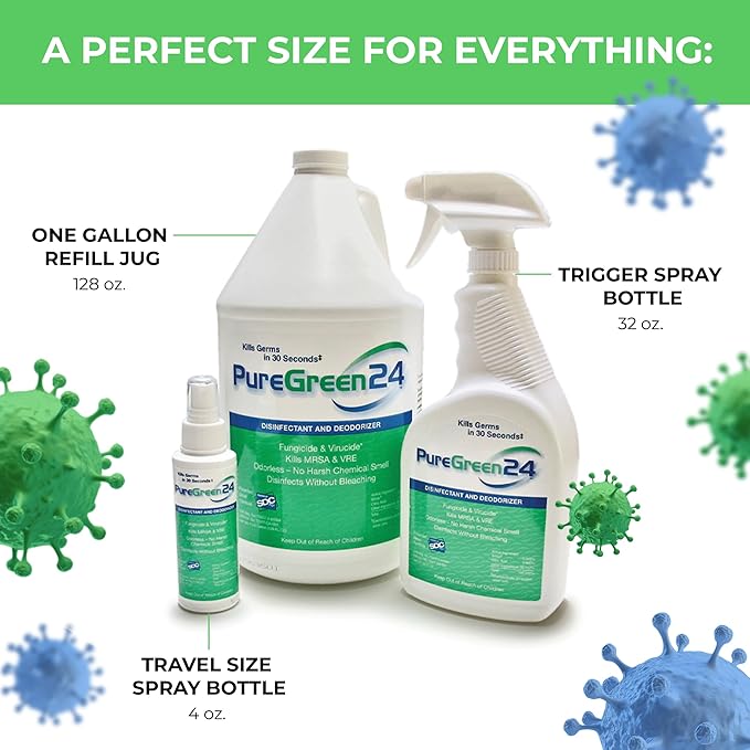PureGreen24 Institutional pack Safe & Effective Disinfectant. Kills Deadly Germs including RSV Norovirus MRSA Staph 2025 Flu Contains No Toxic Chemicals. 2 gallons (6) 32oz sprays 10 Microfiber