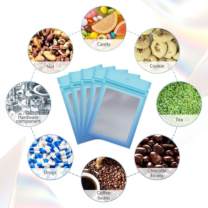 Funfery 100 Pcs Resealable Smell Proof Bags for Food Storage,Clear Cute Gradient Mylar Bags for Small Business Foil Zipper Packaging Bag for Sample Jewelry Eyelash Gloss(Blue Blue,5.9×8.6in)