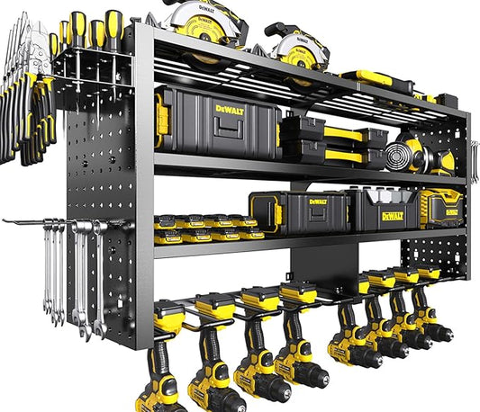 Large Power Tool Organizer Wall Mount, 4 Layer Garage Storage Cordless Tool Organizer with 8 Drills Holder, Heavy Duty Premium Metal Load 400 lbs, Ideal Garage Organization Gifts for Men