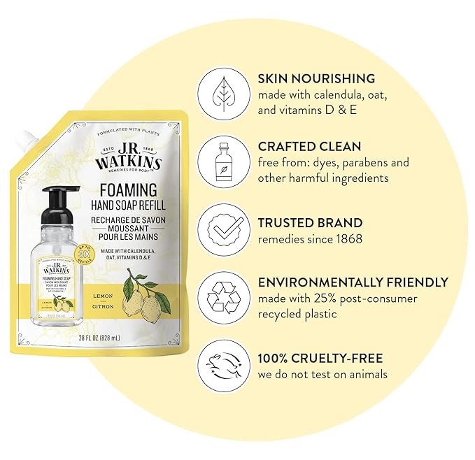J.R. Watkins Foaming Hand Soap Refill, Moisturizing Foam Hand Wash, All Natural, Alcohol-Free, Cruelty-Free, USA Made, Lemon, 28 fl oz, 3 Pack