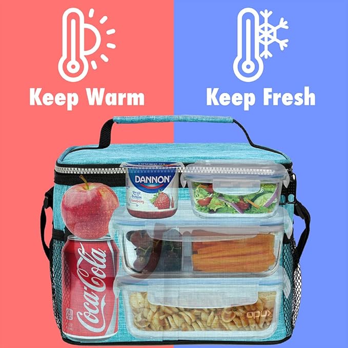 opux Insulated Lunch Bag for Men Women, Leakproof Sea Blue Lunch Box for Work, Portable Soft Lunch Cooler Bag with Shoulder Strap, Adult Lunchbox Lunch Pail for Kid Boy Girl School, 14 Can/8L
