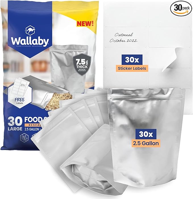 Wallaby 30 Count 2.5-Gallon Gusset Mylar Bags with Labels, 15 Mil Total Thickness Long-Term Food Storage Pouches, 15x12 Stand-Up Zipper Heat-Sealable Airtight Packaging - Silver