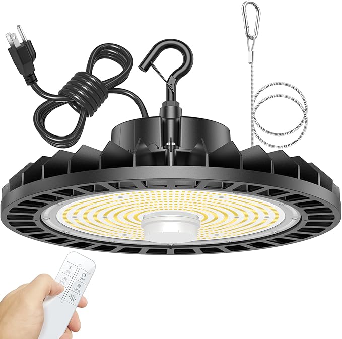 300W High Bay LED Shop Lights Dimmable with Remote Control 45000lm 5000K UFO ETL DLC Listed LED High Bay Light for Warehouse Garage AC 100-277V