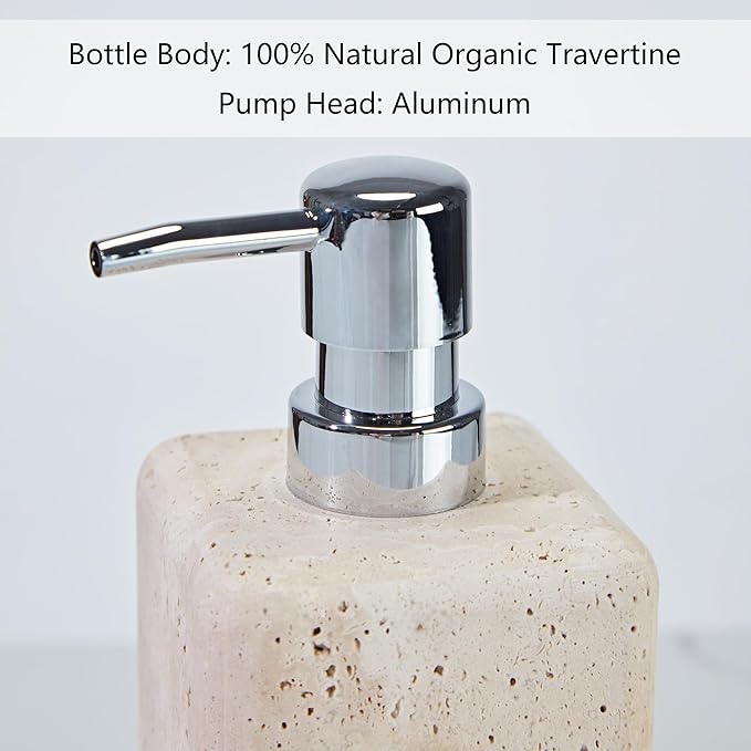 Ivory Travertine Soap Pump, Refillable Bathroom Liquid Dispenser with Stainless Steel Pump, Natural Organic Stone Hand Lotion Dispenser, Pump Bottle Dispenser for Bathroom and Kitchen Countertop