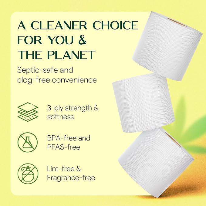 100% Bamboo Toilet Paper | 3-Ply – Strong & Absorbent | Tree-Free, FSC Certified, BPA/PFAS-Free | Septic-Safe, Lint-Free | 6 Rolls (1800 Sheets) | PALM NAKI