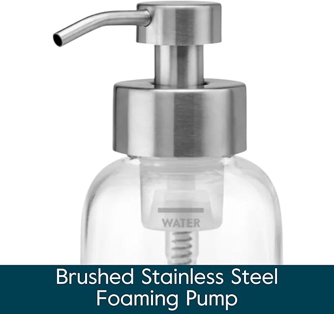 Grove Co. Foaming Soap Dispenser, 2 x Refillable Glass Bottles with Stainless Steel Pump, Reusable Liquid Hand Soap Set for Kitchen or Bathroom, Square Base, Reduce Plastic Waste