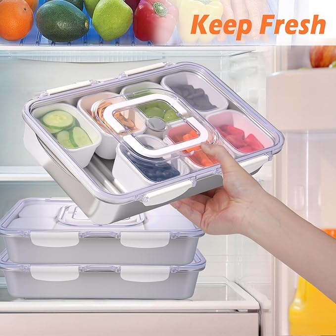 Snackle Box Container,Dishwasher Safe Snack Tray with Lid,Stainless Steel Divided Serving Tray with Lid,8 Compartments with Transparent Lids,Perfect for Travel Party