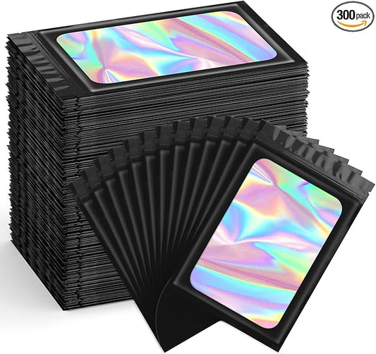Funfery 300 Pack Smell Proof Resealable Bags for Food Storage,Holographic Bags 4.7x7.9 Black Mylar Clear Packaging Bag- Scent Proof for Cookies, Zip Foil Pouch for Small Business