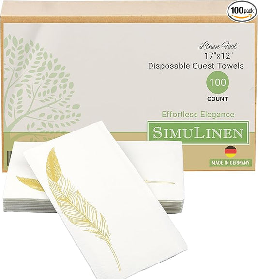 SimuLinen Decorative Gold Feather Design Paper Towels - Hand Towels for Bathroom - Cloth-Like, Linen-Feel for Guest Bathroom Essentials, Size: 12x17” (Pack of 100) Made in Germany