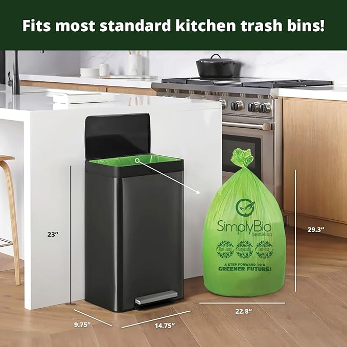 10-13 Gallon Compostable Trash Bags with Flat-Top 50 Bags Thick 0.87 Mil Leakproof Plant-based Tall Kitchen Wet Food Scrap Waste, ASTM D6400, US BPI and OK Compost Home Certified