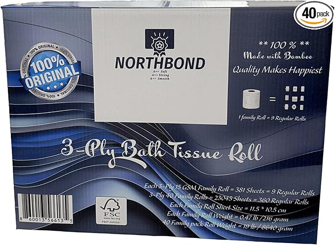 Northbond Luxury 3-Ply Bamboo Toilet Paper: Ultra-Soft, Strong & Smooth Bath Tissue. 40 Family Rolls (360 Reg. Rolls) = 23,045 Total Sheets. 100% Sustainable & Septic-Safe for Your Home.