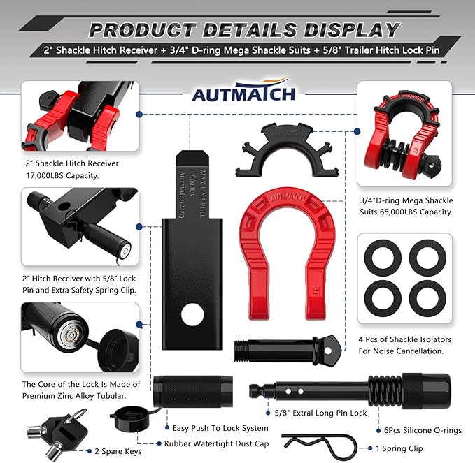 AUTMATCH Shackle Hitch Receiver 2" with 3/4" Mega D Ring Shackle and 5/8" Trailer Hitch Lock Pin, 68,000 Lbs Break Strength Heavy Duty Receiver Towing Kit for Off-Road Vehicle Recovery, Black & Red
