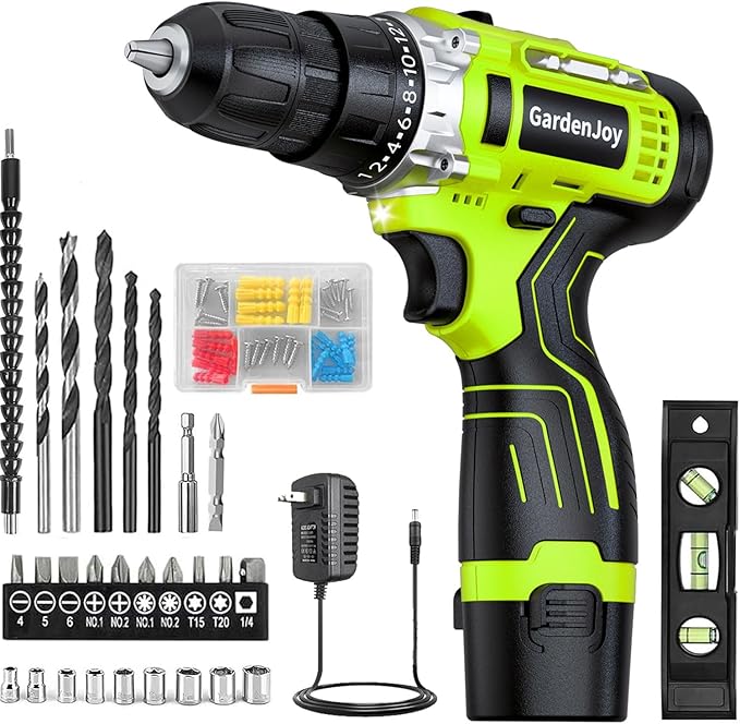 GardenJoy 20V Cordless Drills Set, Power Electric Drill kit with Battery and Charger 65pcs Acessories 3/8"Keyless Chuck 2 Variable Speed 24+1 Position Compact Driver Kit for Home & DIY Project
