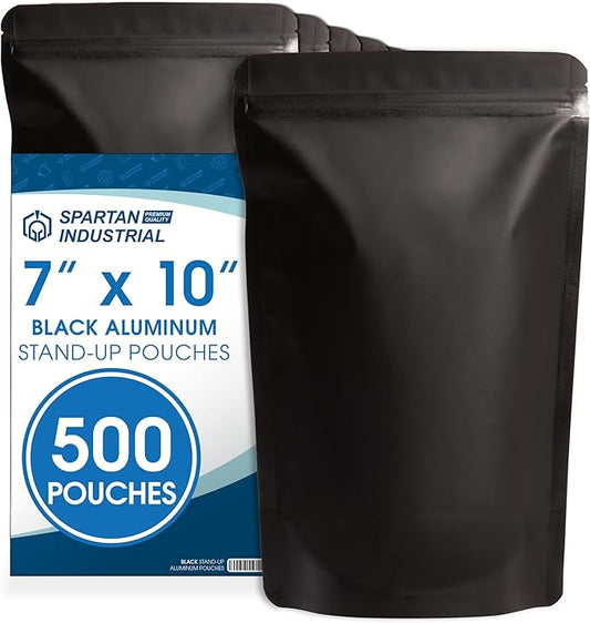 Spartan Industrial 7" X 10" Matte Black Stand-Up Pouches - 500 Count Smell-Proof Mylar Bags for Food Storage With Heat Sealable Opening and Resealable Zipper