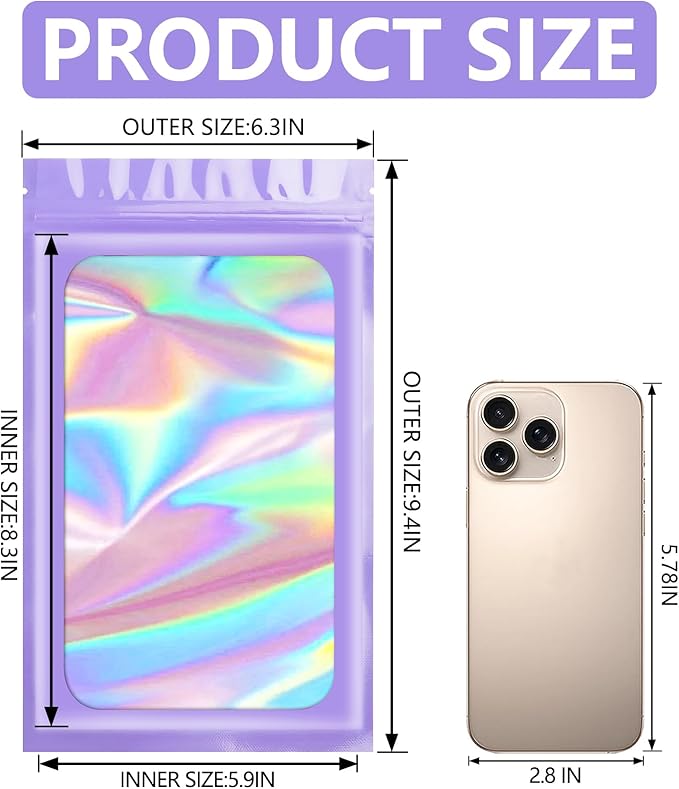 Funfery 100 pcs Purple Mylar Holographic Resealable Bags - Clear Seal Foil Pouch Zipper Bag for Food Storage, Gloss, Lash, Jewelry Packing - Small Business (6.3x9.4In)
