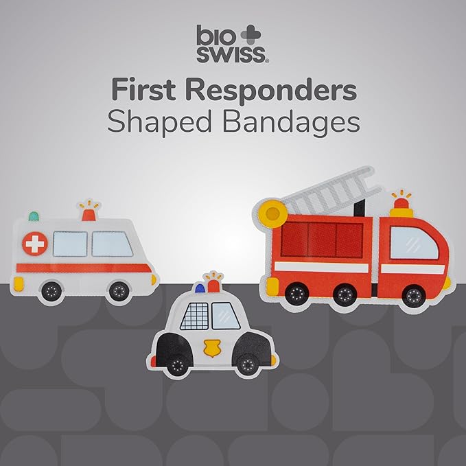 BioSwiss Kids Bandages, First Responders Shaped Self Adhesive Bandage Set, Latex Free, Sterile Wound Care, 24 Count