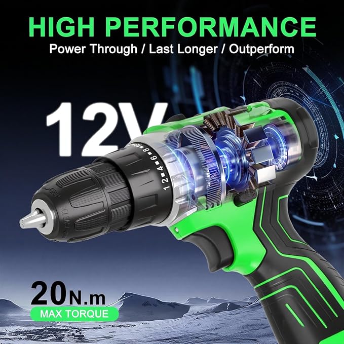 12V Green Cordless Drill Kit, Home DIY, 2 Batteries & Fast Charger, Compact, 2-Speed, 3/8" Keyless Chuck, 24+1 Torque, LED Light for Wood and Metal
