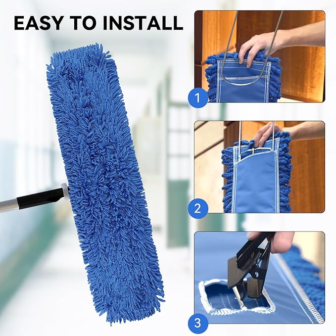36 Inch Dust Mop Head: Replacement Medium Washable Commercial Mop Head Sweeper and Janitorial Replacement Blue (Blue - 36 Inch, 3 Pack)