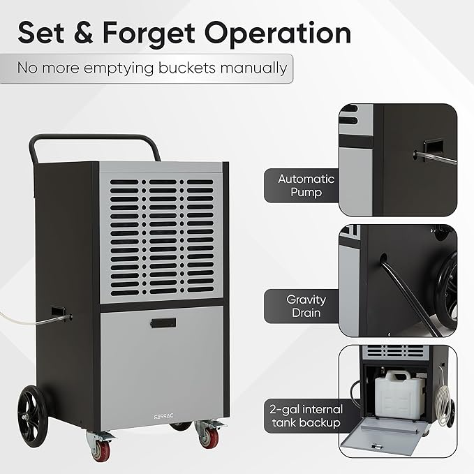 290 Pints Commercial Dehumidifier for Basements & Industrial Spaces – Built-In Pump, Drain Hose, Continuous Operation, 2-Speed Fan, 24000 Sq Ft Coverage