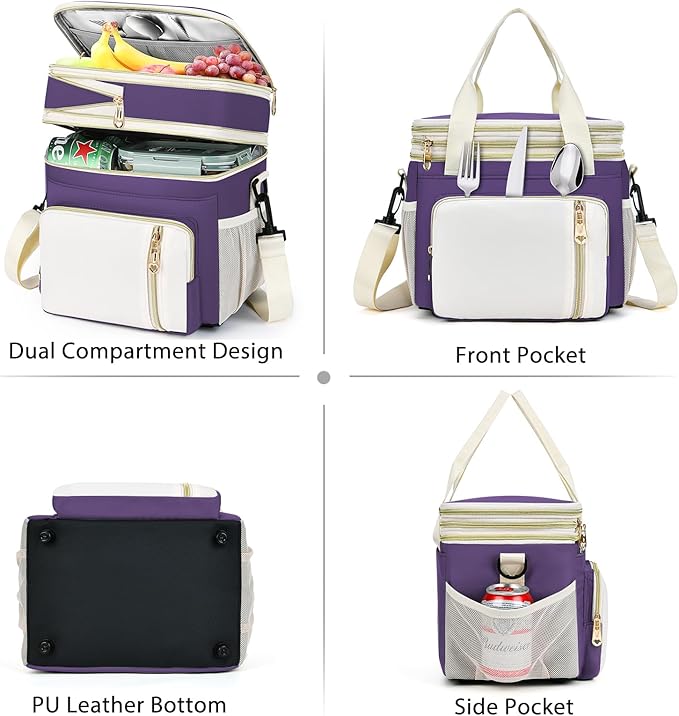 LOKASS Expandable Lunch Box for Women | Adult Lunchbag Cooler Tote Bag with Adjustable Shoulder Strap | Insulated Reusable Womens Lunch Bags for Work Camping Beach | 16L, Purple