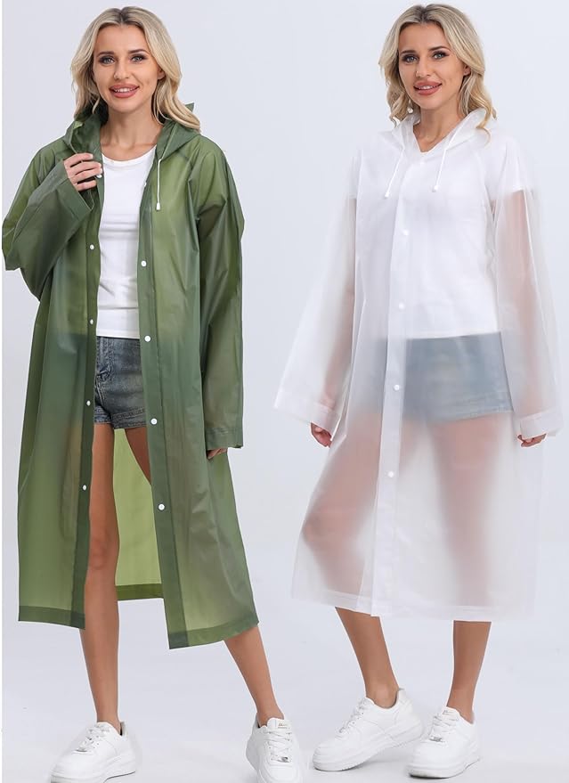 2-Pack Reusable Rain Ponchos for Adults, HOOMBOOM Raincoats Emergency for Women/Men with Drawstring and Sleeves